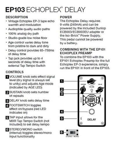 Pedal De Delay Echoplex Ep103 De Dunlop Ep-3 Tape Echo Con