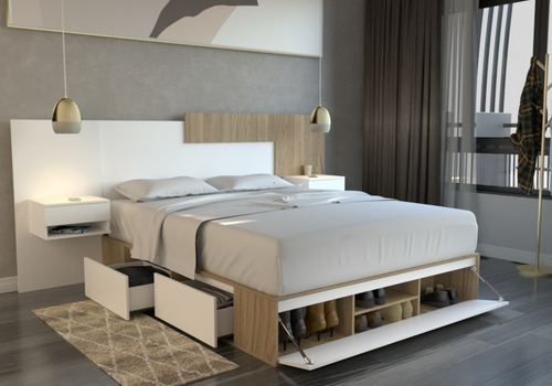 Imagen 9 de 10 de Box De Cama Con Cajonera + Zapatero Base Somier 1,60m Blanco