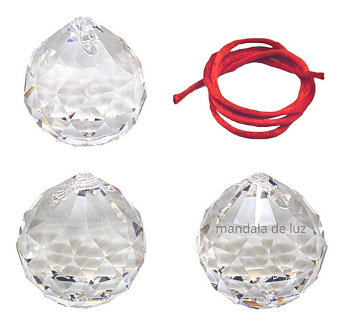 Cristal Asfour Kit 3 Esferas Multifacetada 40mm Fio Vermelho