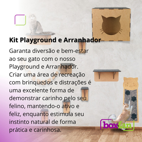 Kit Playground Parquinho De Gato 10 Peças Mdf Premium Resistente Com Arranhador De Patas Nicho Toca Reforçado Ponte Prateleira E Degrau Gatificação Gatil Suspenso Boxfan