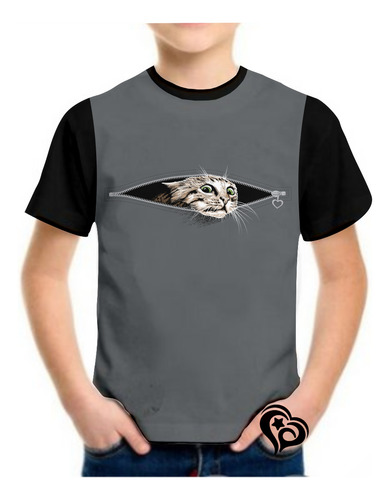 Camiseta De Gato Masculina Infantil Blusa Animal Cinza