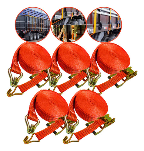 Kit 5 X Cinta Catraca 3 Toneladas Cinta Para Amarração Gancho Tipo J 9 Metros Suporta Até 3000 Kg Atmas