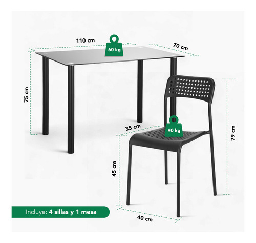 Juego De Comedor 4 Sillas Mesa Rectangular Cristal Elegante