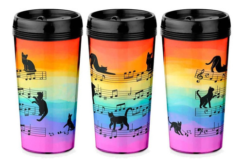 Kit Copo Viagem E Caneca Gato Musical Arco Iris Cat Lover