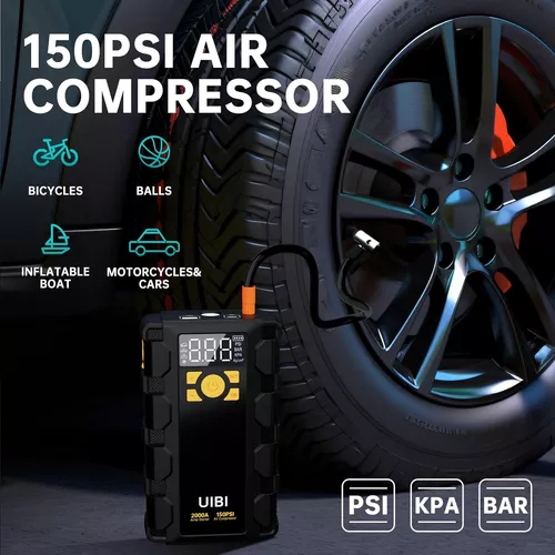 Arrancador de coche con compresor de aire, batería de coche UIBI 2000A con  inflador de neumáticos portátil de 150 PSI, arrancador de batería, caja de