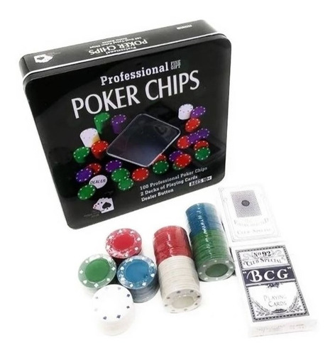 Set Poker Chips 100 Fichas Casino Cartas Metalico Juego Mesa