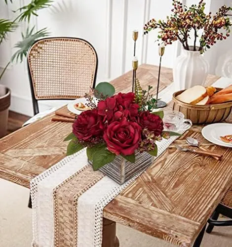 Arreglo Floral Con Jarrón De Madera, 8 Flores Artificiales E