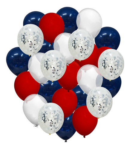 Globos Rojo Plata Azul Marino Y Blanco Latex Y Confeti 60 Pz