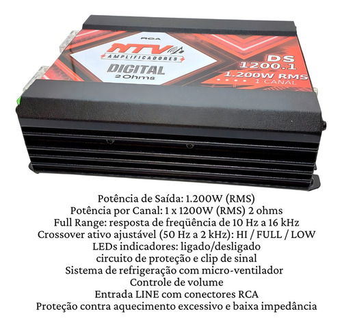 Módulo Som Ntv Ds1200.1 Digital 1.200w Rms 1 Canal 2 Ohms