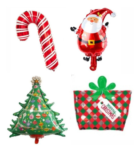 Globos Navidad X 4 Un (arbolito-bastón-regalo-papa Noel)