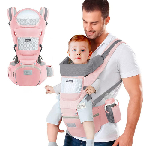 Cangurera Portabebé Mochila Multifuncional Con Asiento Bebé Color Rosa