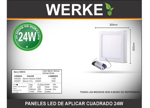 Panel Led Aplicar Cuadrado 24w Neutro Werke - Pack X 10u
