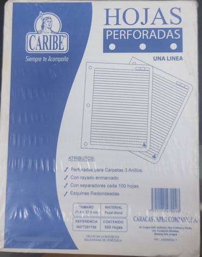 Paq 500 Hojas Perforadas 3 Huecos Una Línea 