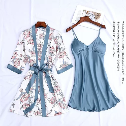Camisola De Seda Cetim Com Robe: Azul Floral