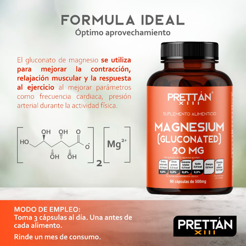Gluconato De Magnesio 20mg Suplemento 90 Capsulas Prettan