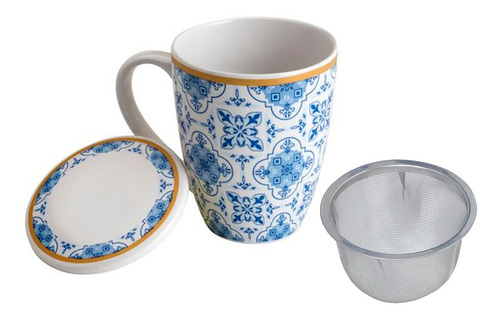 Caneca Detox Porcelana Tampa E Filtro Azulejo Portugues