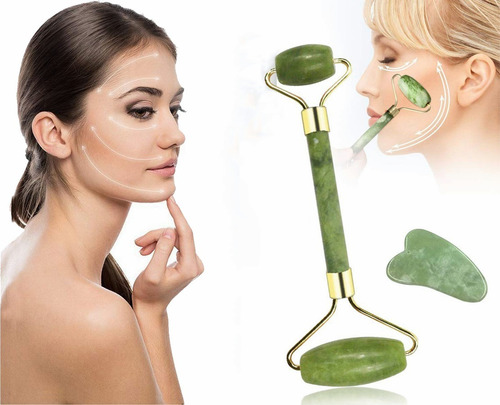 Rodillo Jade Masaje Facial Linfático + Piedra Gua Sha