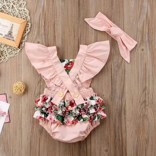 Body Romper Jardineira Floral Luxo Bebê Vintage + Faixa