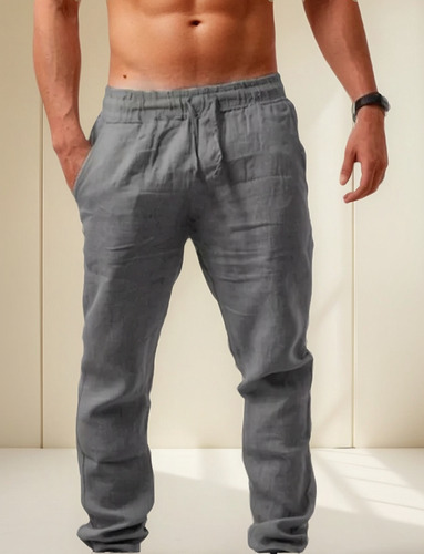 Pantalón De Playa Casual Hombre Ancho Recto Algodón Y Lino