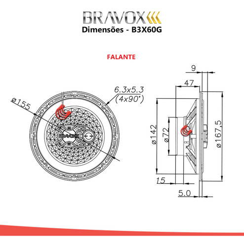 Tipo de alto-falante triaxial Bravox B3X60 para carros, picapes e suvs cor preto de 4Ω 167.5mm X 167.5mm X 6 " x 2 unidades