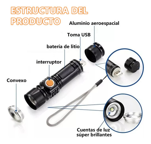 1000 Lm Mini Linterna Portátil Recargable Con Zoom Cgq 60 W