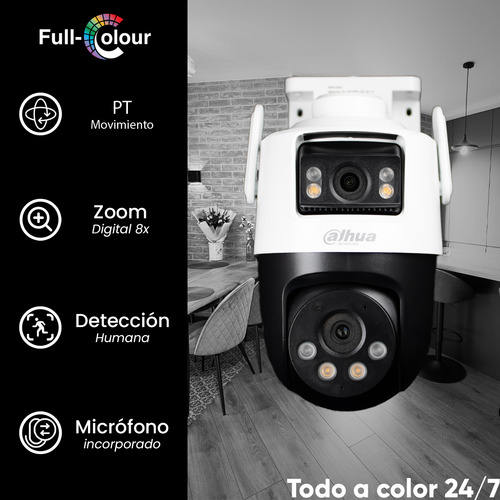 Kit Cronos Cámara De Seguridad Dahua Ip Pt Ipc-wpt1539dd-sw-5e2-pv Wifi Cruiser Dual 10mp Imagen A Color 24/7 Audio Doble Vía Alarma Auto Tracking + Microsd 128gb + Accesorios Cctv Wpt1539d-plus-128