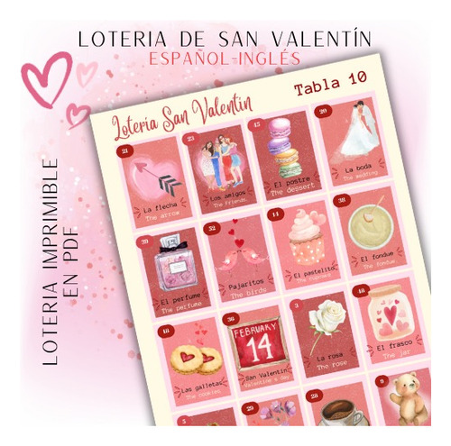 Lotería Amor, San Valentín  Imprimible (español-ingles) 