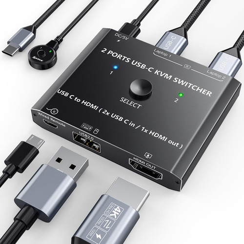 Conmutador Kvm Usb Tipo C 4k A 60hz, Conmutador De 2 Puerto.