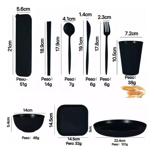 . Vajilla Juego Negro Cocina Paja Trigo Plato Tazas Kit 28pz