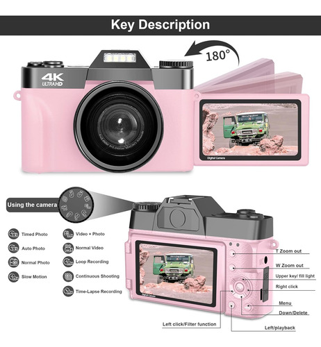 Camara Digital Vetek, 48mp, Zoom 16x, Gran Angular, Rosa