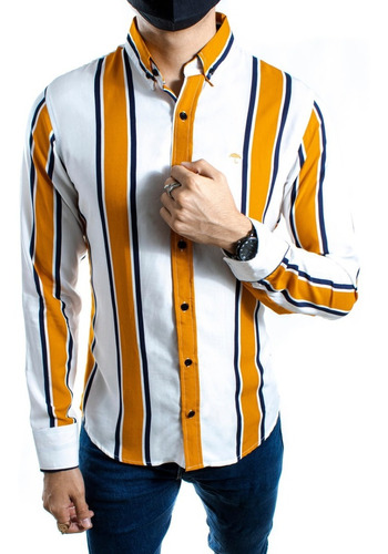 Camisa Hombre Slim Fit Rayada Amarilla, Blanca, Marino Moon