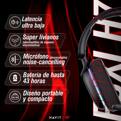 Auriculares Gamer Havit Fuxi-h7 2.4GHz Bluetooth USB 3.5mm Color Negro