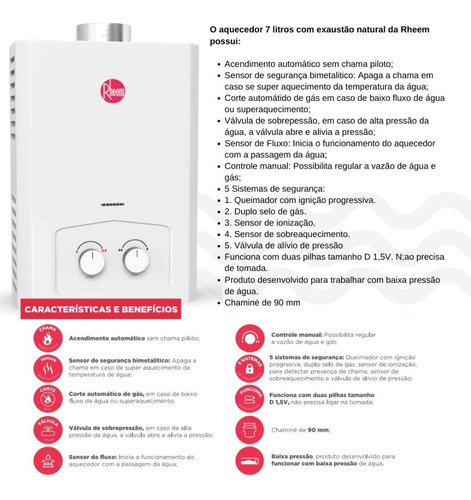 Aquecedor 7 Litros Mecânico Com Sensor De Fluxo Glp Rheem