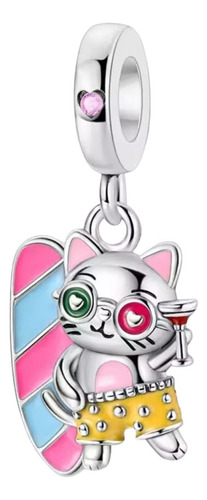 Charm Dije Gato Tabla Surf Compatible Pulsera Rosa