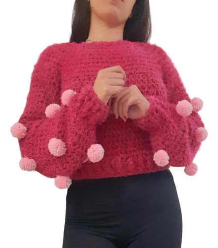 Sweater De Mujer Tejido A Crochet Con Pompones