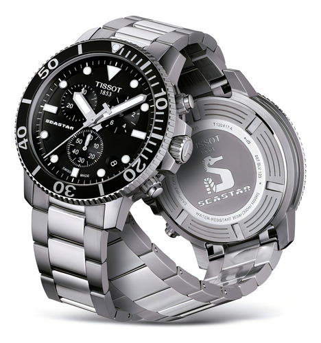 Reloj Tissot Seastar Chrono T120.417.11.051.00 Malla Gris Bisel Acero Fondo Negro