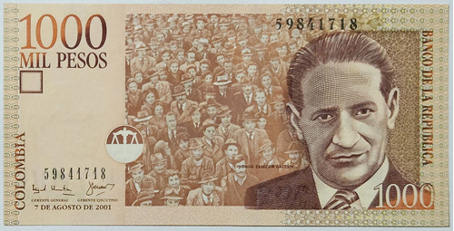Billete 1000 Pesos 07/ago/2001 Colombia Unc