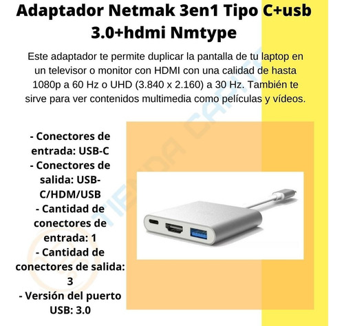 Imagen 2 de 5 de Adaptador Netmak 3en1 Tipo C+usb 3.0+hdmi Nmtype La Plata