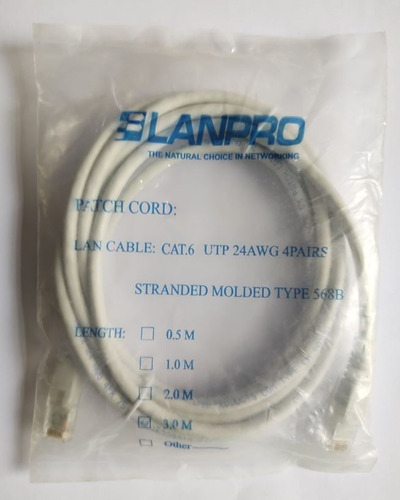 Patch Cord Lanpro Cat.6 3 Mt Gris, Utp 24awg 568b, Iasica