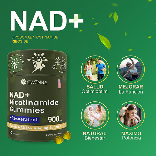 Gwynne Nad+ Suplemento Liposomal De Nicotinamida Ribosida Con Resveratrol Y Quercetina Y NAD 900mg Contiene Vitamina K2, D3 Y Quercetina 60 Gominolas