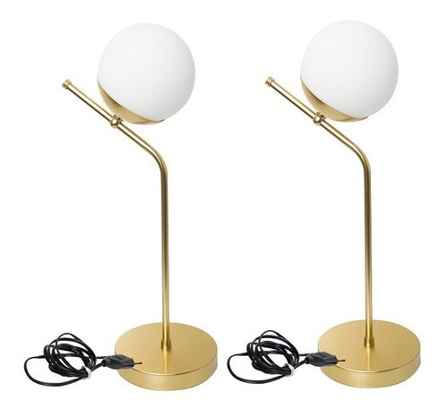 Kit 2 Abajures De Quarto Design Inclinado Vidro Globo Fosco Cor Dourado