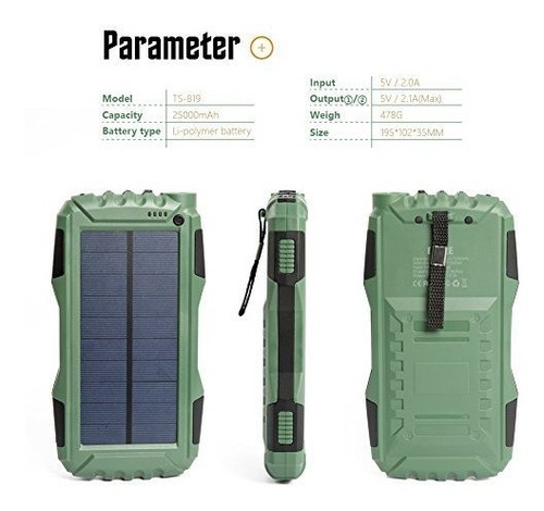 Elzle 25000mah Cargador Solar Energia Dual Usb Bateria Luz