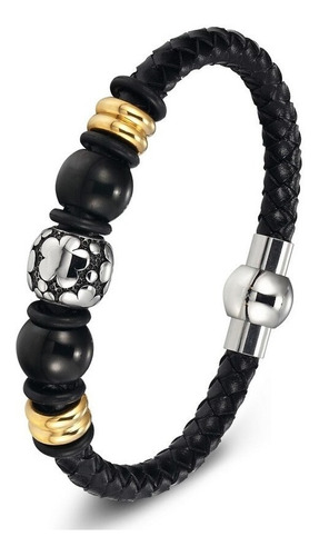 Brazalete Pulsera Cuero Acero Inoxidable Color Negro Hombre