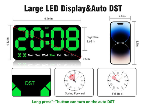 Reloj Pared Digital De 9.5 Pulgadas, Despertador Led Con