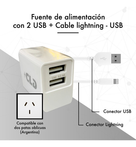 Cargador 2 Usb + Cable Lightning Compatible iPhone iPad 2.4a