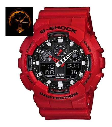 Reloj pulsera Casio GA100 con correa de resina color rojo - fondo negro - bisel rojo/negro