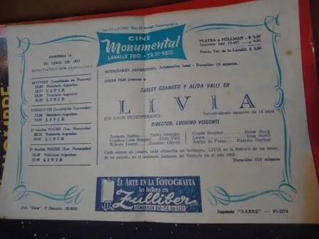 Programa De Cine Monumental - Abril 1957 - Pelicula Livia (Usado)