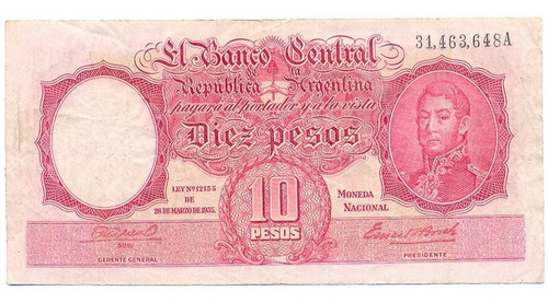 Billete Moneda Nacional 10 Pesos B 1930 Firmas Rojas Gagneux