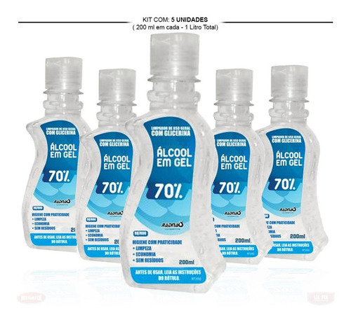 Álcool Em Gel 70% P/ Higieniar Lavar Passar Na Mão 5 Udds