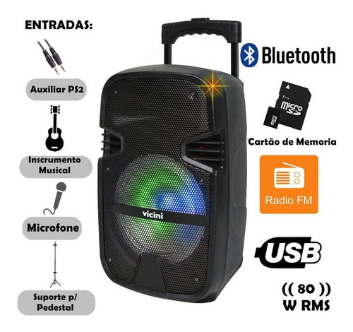 Caixa Som Portátil Bluetooth Usb Sd Aux Potente 80w Rádio Fm